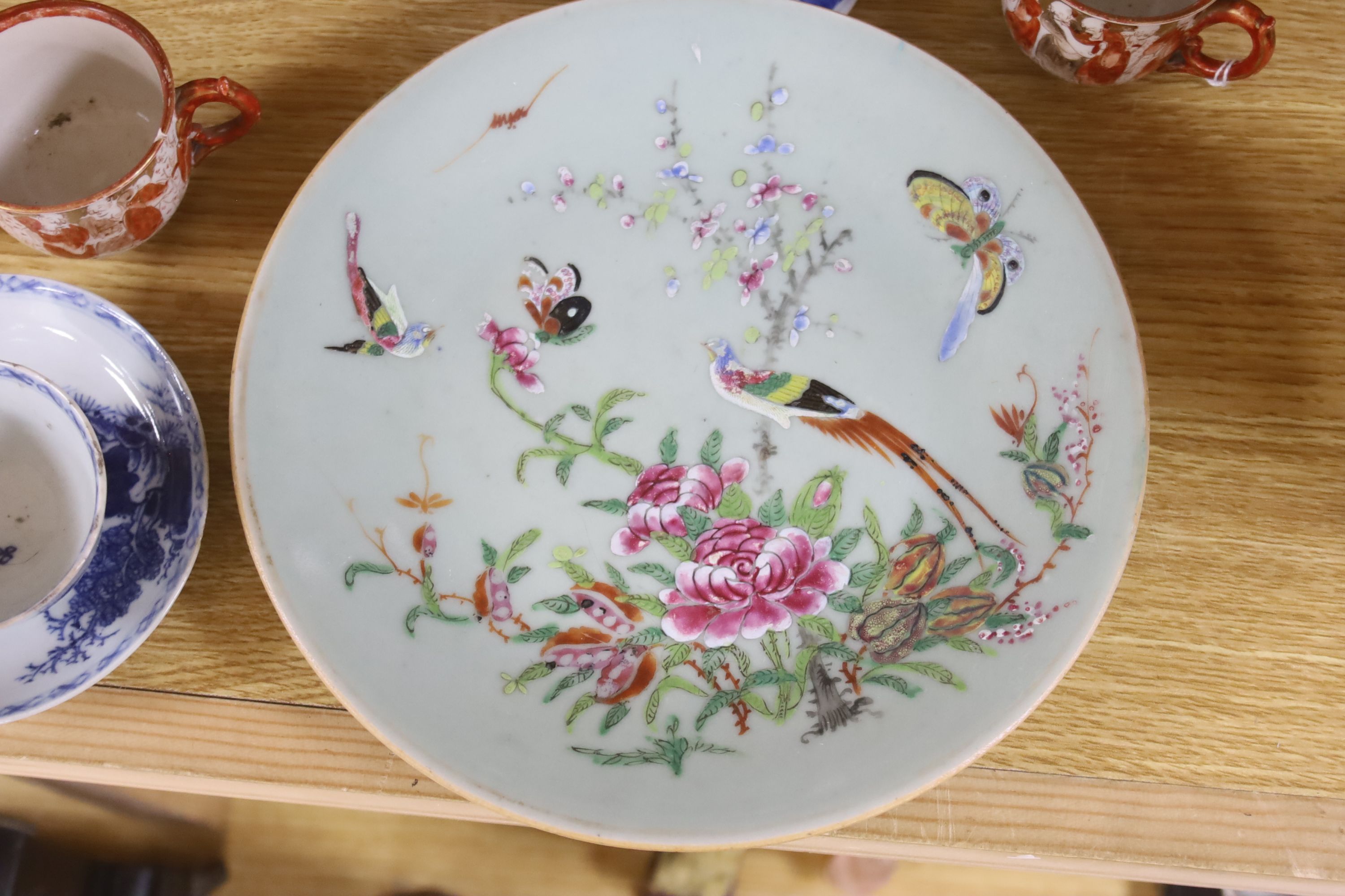 A Chinese blue and white dragon vase, a celadon glazed dish, a blue and white tea bowl and saucer and Kutani wares